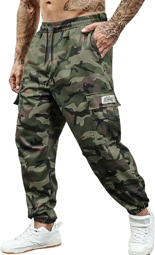 A pair of Hidkat camo cargo jogger pants with a tapered leg-bound ankle, shown to display the multi-pocket design and the drawstring elastic waist