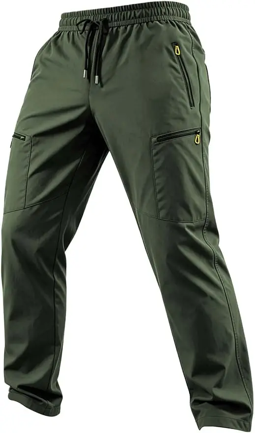 A pair of Hidkat water-resistant tactical cargo pants in olive green, shown to display the zipper pockets and the relaxed workwear fit